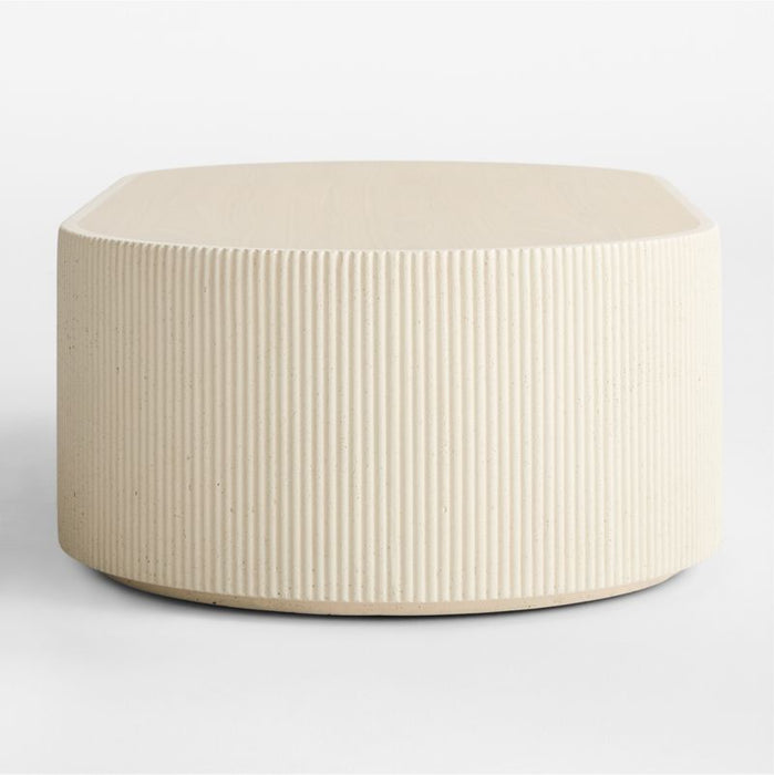 Kahn Off-White Concrete and Oak Wood Ribbed 62" Oval Coffee Table
