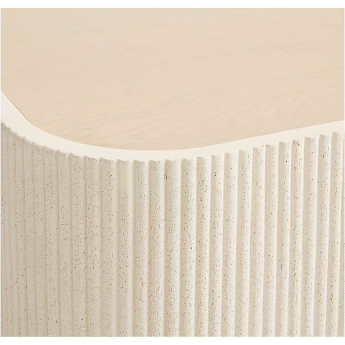 Kahn Cream Ribbed Concrete and Oak Wood 44" Rounded Square Coffee Table