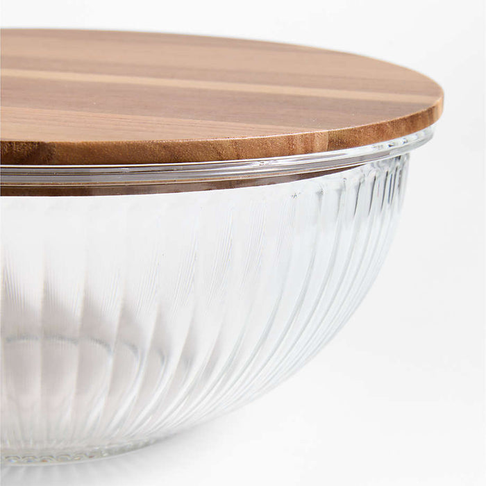 Large Plisse Fluted Glass Bowl with Acacia Lid by Laura Kim