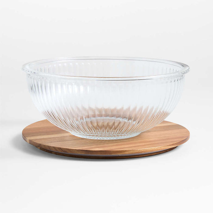 Large Plisse Fluted Glass Bowl with Acacia Lid by Laura Kim