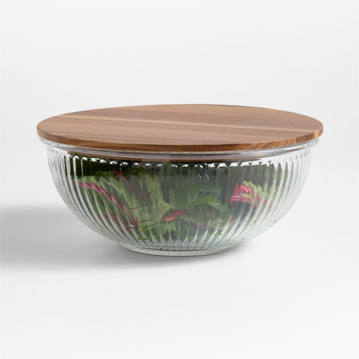 Large Plisse Fluted Glass Bowl with Acacia Lid by Laura Kim