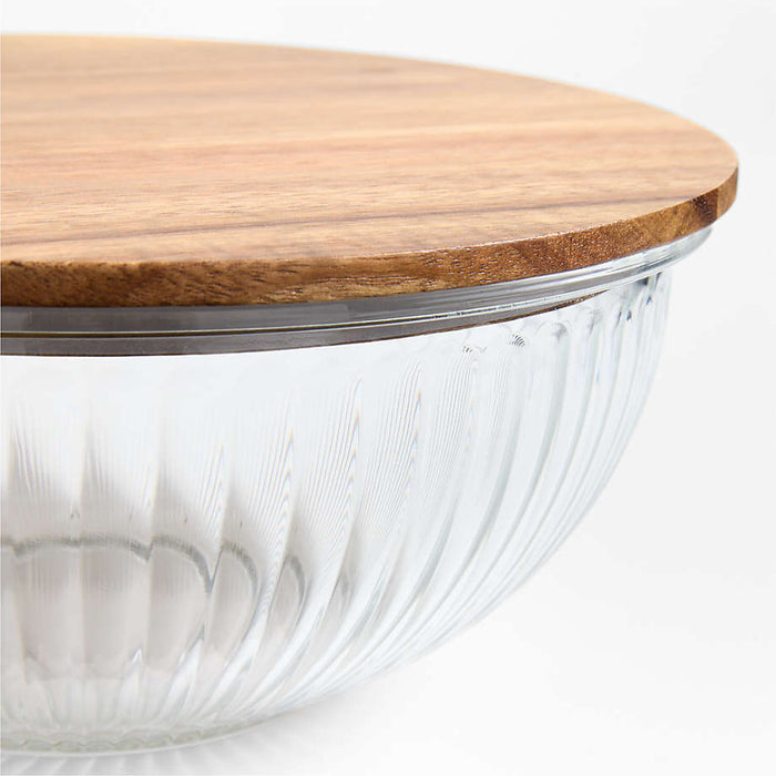 Medium Plisse Fluted Glass Bowl with Acacia Lid by Laura Kim