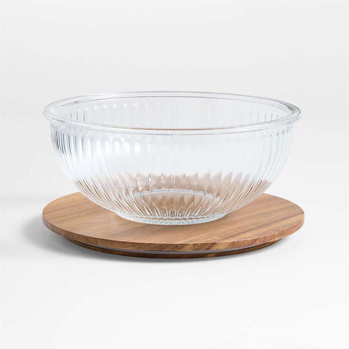 Medium Plisse Fluted Glass Bowl with Acacia Lid by Laura Kim