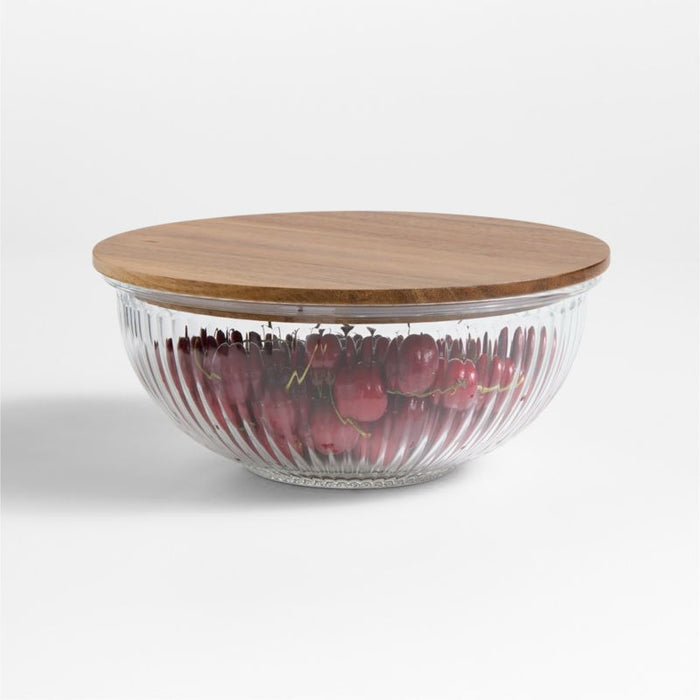 Medium Plisse Fluted Glass Bowl with Acacia Lid by Laura Kim