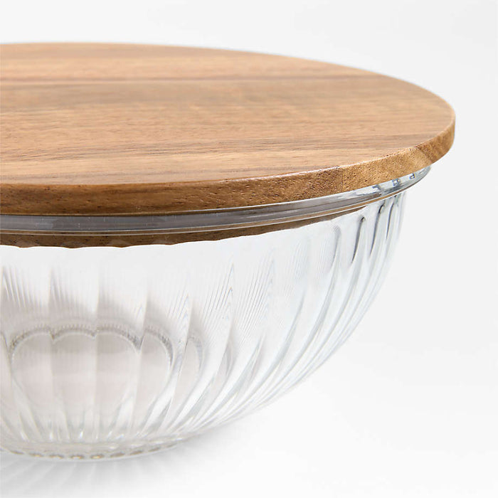 Small Plisse Fluted Glass Bowl with Acacia Lid by Laura Kim