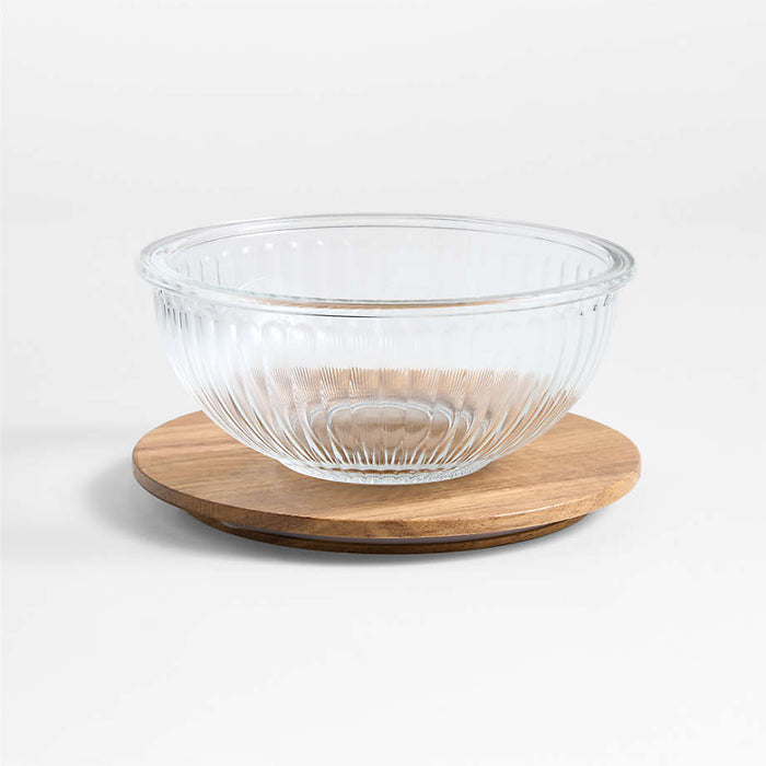 Small Plisse Fluted Glass Bowl with Acacia Lid by Laura Kim