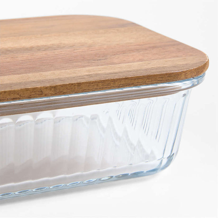 Large Plisse Glass Rectangular Storage Container with Wood Lid by Laura Kim