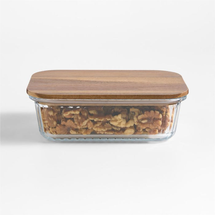 Large Plisse Glass Rectangular Storage Container with Wood Lid by Laura Kim