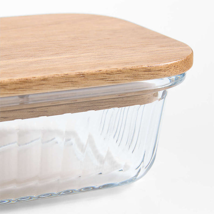 Small Plisse Glass Rectangular Storage Container with Wood Lid by Laura Kim