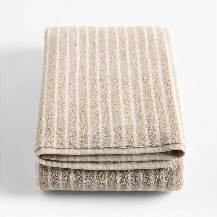 Organic Turkish Cotton Sand Beige and Crisp White Stripe Bath Sheet