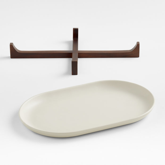 Oven to Table Oval Platter with Dark Wood Trivet
