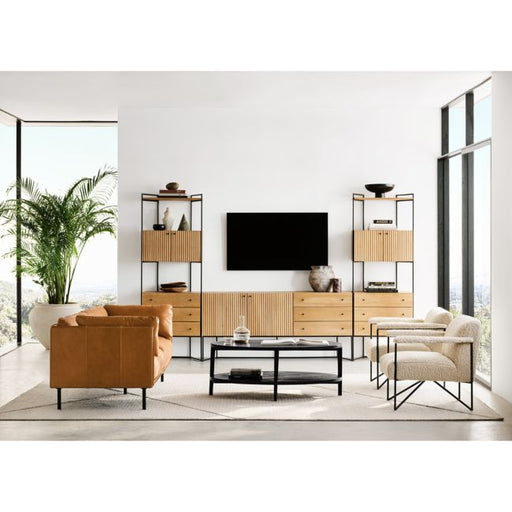 Evie 78" Tall Natural Elm Wood and Black Iron Storage Bookcase