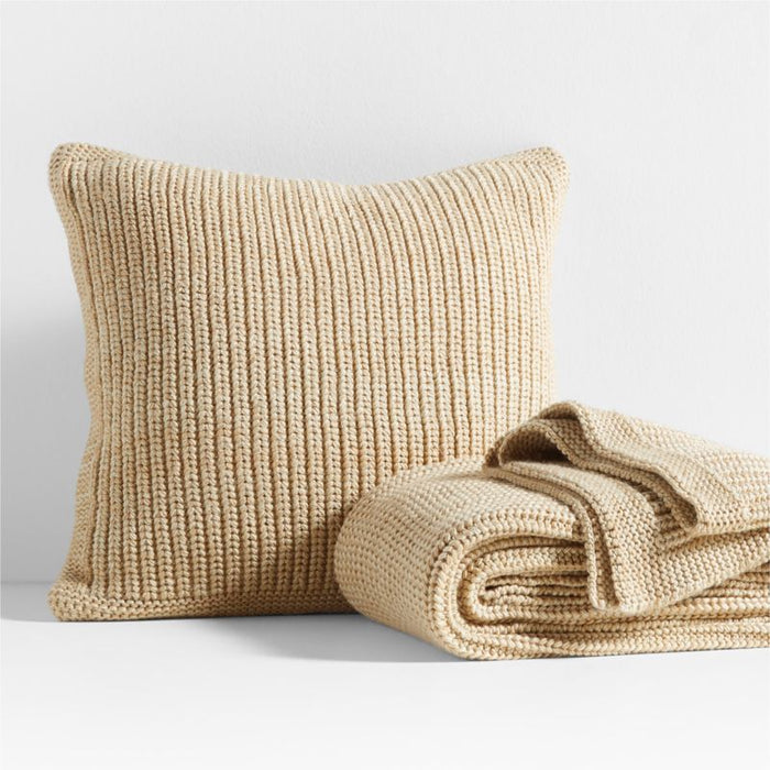 Ginger Beige Wool Blend 70''x55" Fisherman Knit Throw Blanket