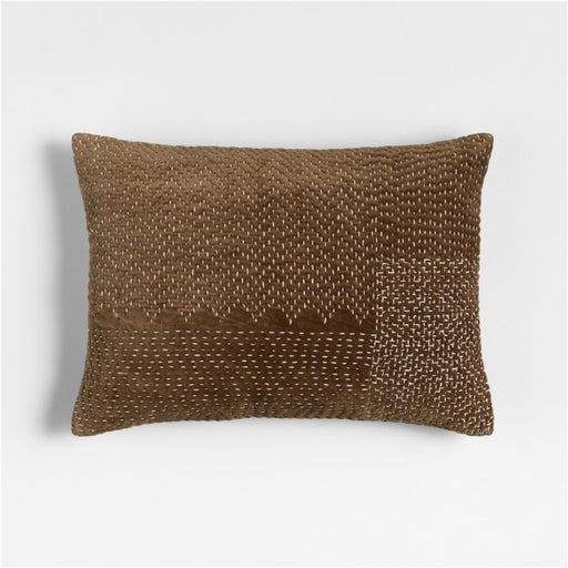 Sashiko Organic Cotton Velvet 22"x15" Chocolate Brown Throw Pillow Cover