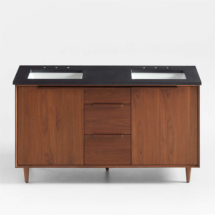 Tate 60" Black Granite Top Double Sink Vanity with Walnut Wood Doors