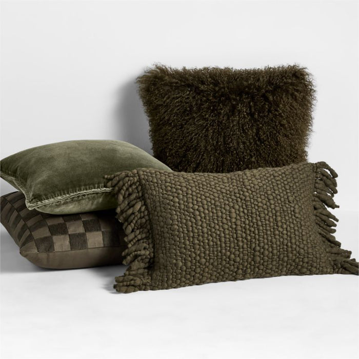Chunky Woven Wool Fringe 22"x15" Burnt Green Throw Pillow Cover