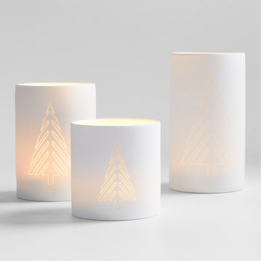 Medium White Christmas Tree Porcelain Hurricane Candle Holder 7"