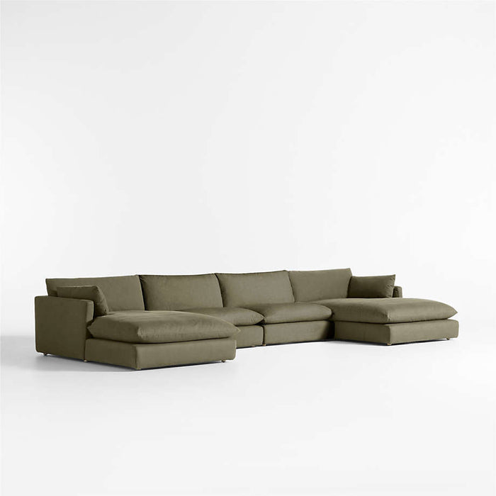 Unwind Modular 4-Piece U-Shaped Slipcovered Sectional Sofa with Double Chaise Lounge