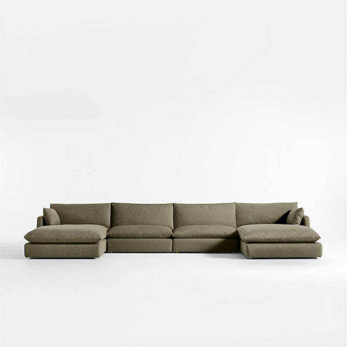 Unwind Modular 4-Piece U-Shaped Slipcovered Sectional Sofa with Double Chaise Lounge