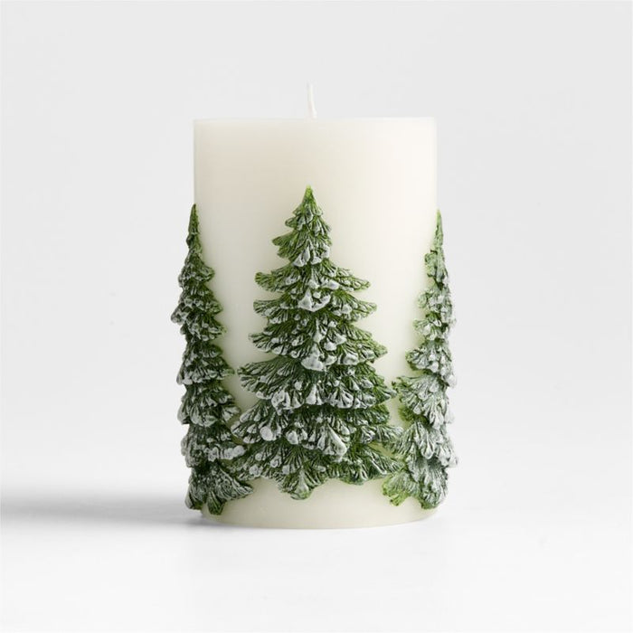 White with Embossed Trees Pillar Candle 4"x6"