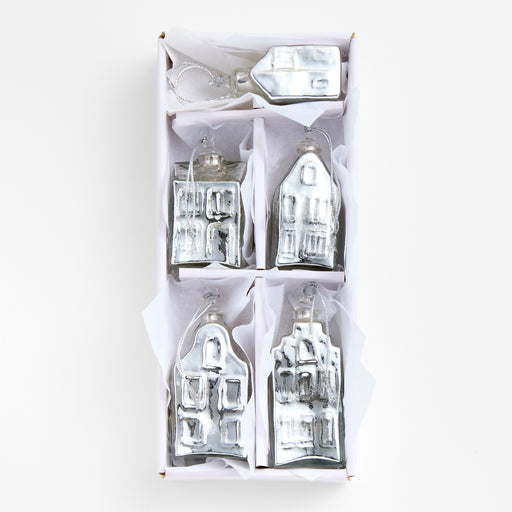 Mercury Glass Winter Village Christmas Ornaments, Set of 5