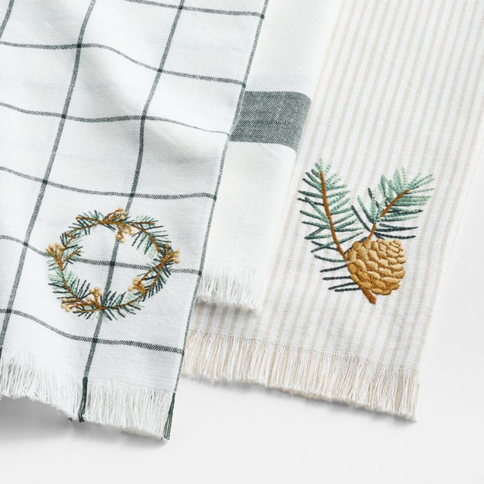 Wreath Embroidered and Windowpane Organic Cotton Dish Towel, Set of 3