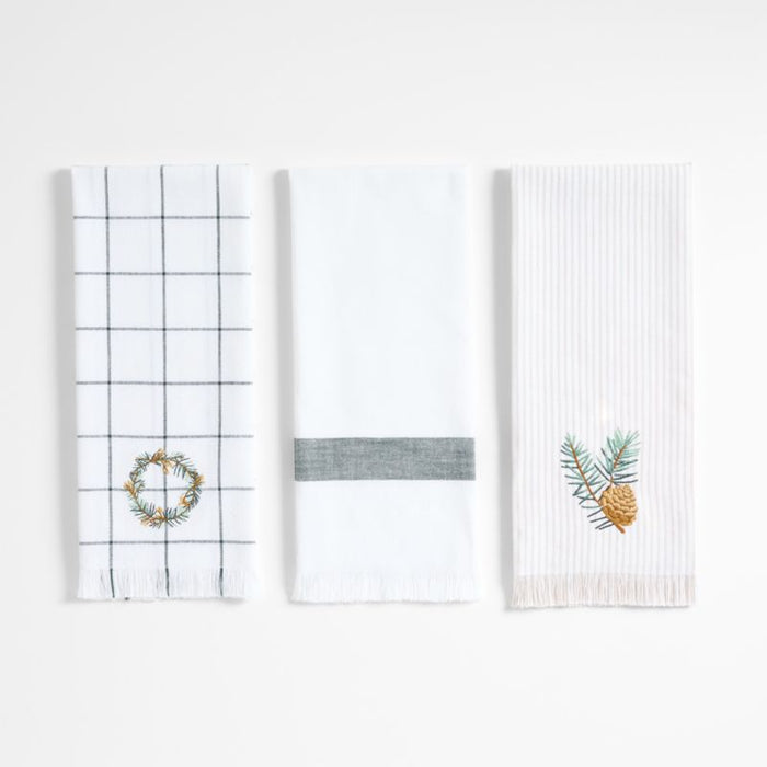 Wreath Embroidered and Windowpane Organic Cotton Dish Towel, Set of 3