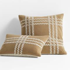 Camel Brown Felted Wool Plaid 23"x23" Holiday Throw Pillow Cover