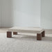 Dualité Travertine and Burl Wood Block Leg 53" Coffee Table by Athena Calderone