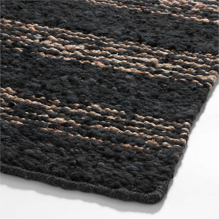 Rouen Jute/Wool Blend Triple Striped Black Area Rug 6'x9'