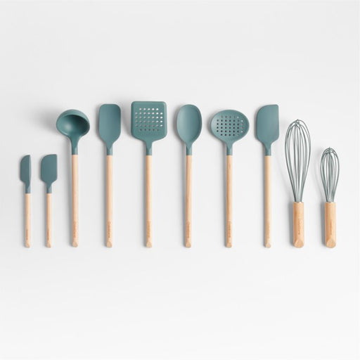 Crate & Barrel Deep Sage Green Silicone and Wood 8" Whisk