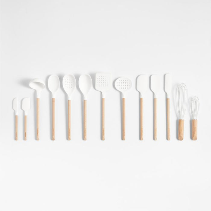 Crate & Barrel White Silicone and Wood Deep Spoon