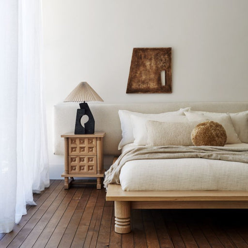 Revival Oak Wood Platform Queen Bed with Upholstered Headboard by Athena Calderone