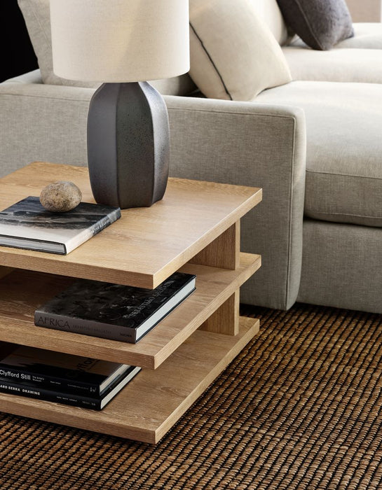 Stria Oversized Natural Oak Wood Square End Table with Tiered Shelves