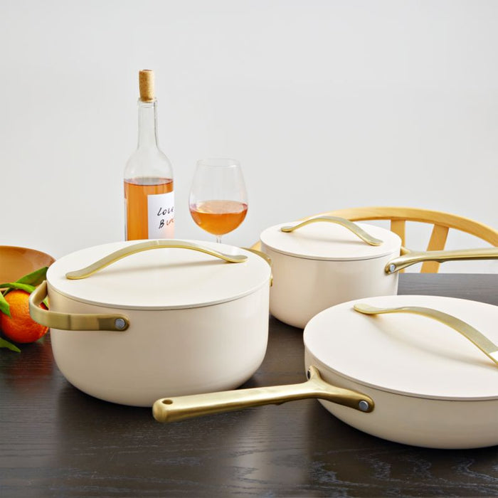 Caraway Cream Non-Stick Ceramic Saucepan with Gold Hardware