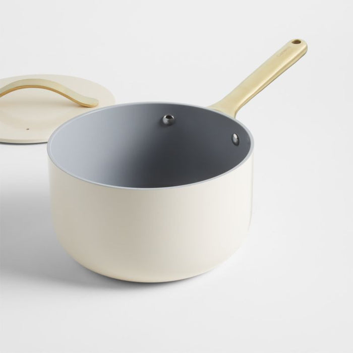 Caraway Cream Non-Stick Ceramic Saucepan with Gold Hardware