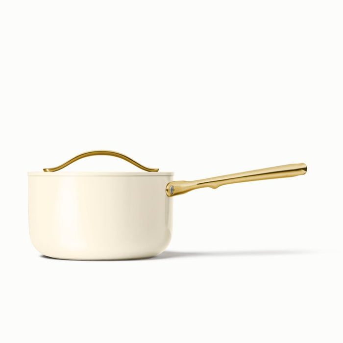 Caraway Cream Non-Stick Ceramic Saucepan with Gold Hardware