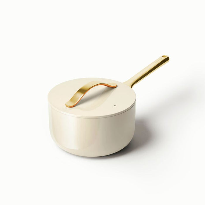 Caraway Cream Non-Stick Ceramic Saucepan with Gold Hardware