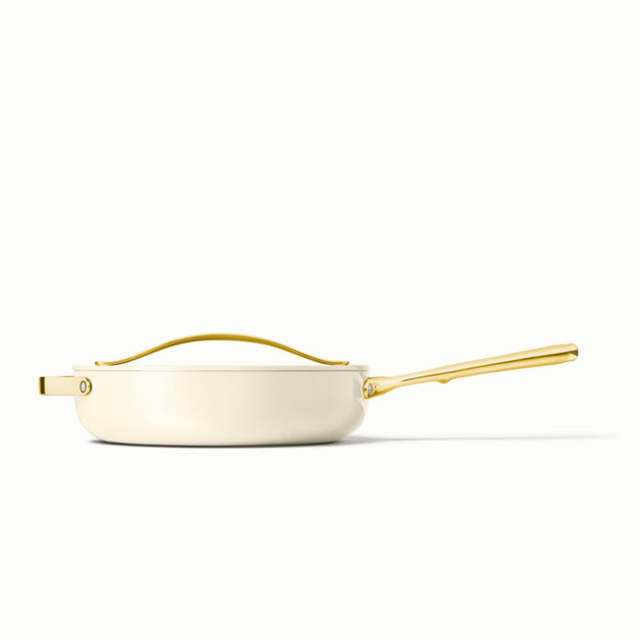 Caraway Cream Non-Stick Ceramic Saute Pan with Gold Hardware