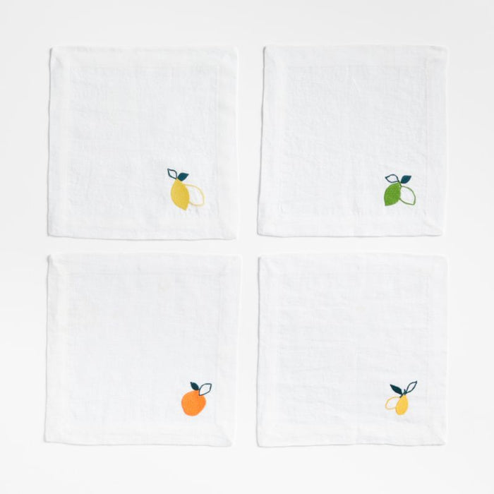 Citrus Embroidered European Flax ®-Certified Linen Cocktail Napkins, Set of 4