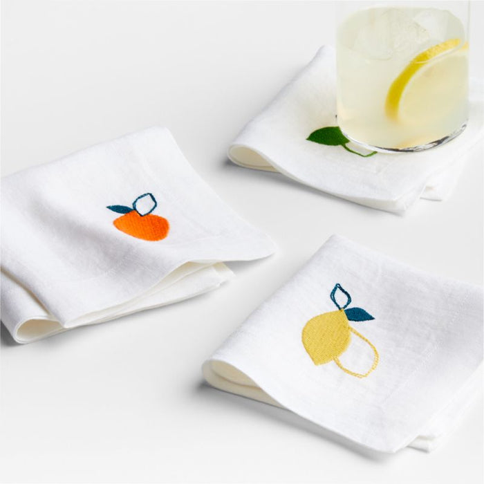 Citrus Embroidered European Flax ®-Certified Linen Cocktail Napkins, Set of 4