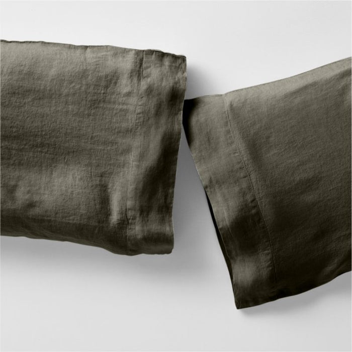 New Natural EUROPEAN FLAX-certified Linen Burnt Green King Pillowcases, Set of 2