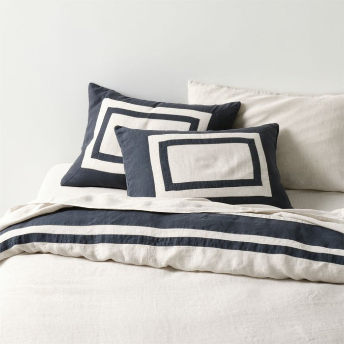 New Natural EUROPEAN FLAX -Certified Linen Arcadia Tan and Midnight Navy Border Standard Bed Pillow Sham