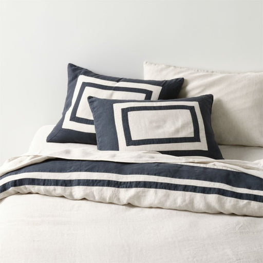Aire Natural EUROPEAN FLAX -Certified Linen Arcadia Tan and Midnight Navy Border King Duvet Cover