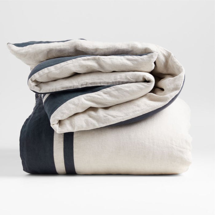 Aire Natural EUROPEAN FLAX -Certified Linen Arcadia Tan and Midnight Navy Border King Duvet Cover