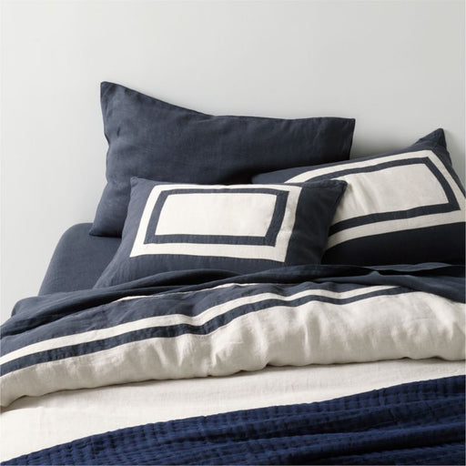 New Natural EUROPEAN FLAX -Certified Linen Arcadia Tan and Midnight Navy Border Euro Bed Pillow Sham