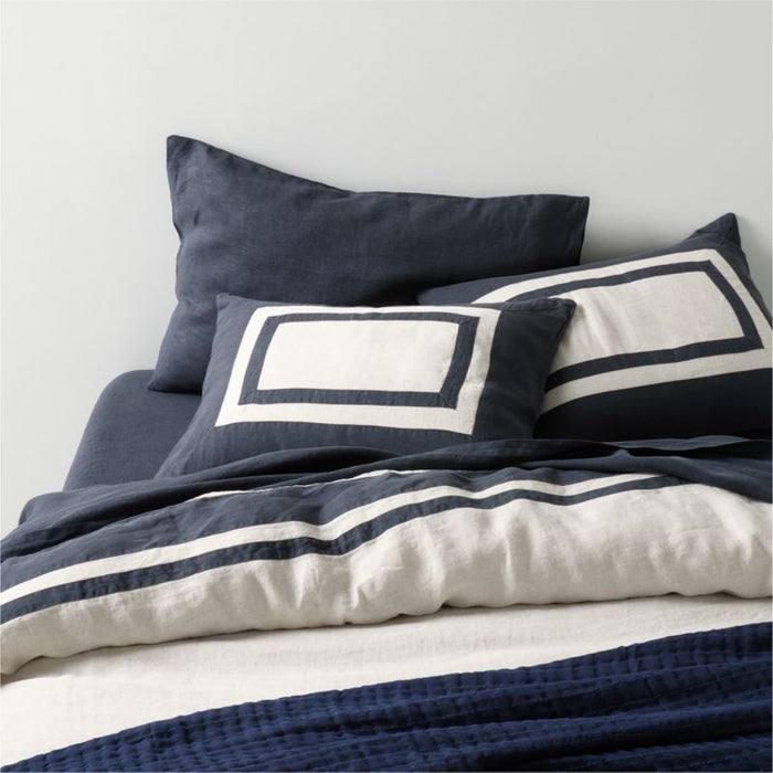 New Natural EUROPEAN FLAX -Certified Linen Arcadia Tan and Midnight Navy Border Euro Bed Pillow Sham