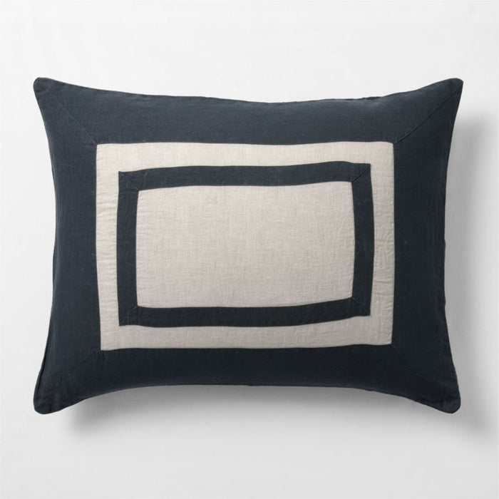 New Natural EUROPEAN FLAX -Certified Linen Arcadia Tan and Midnight Navy Border Standard Bed Pillow Sham