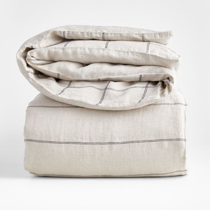 Natural Hemp Arcadia Tan and Midnight Navy Reversible Grid King Duvet Cover