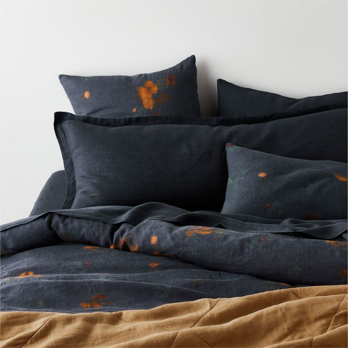 Aire Natural EUROPEAN FLAX -Certified Linen Impressionist Floral Midnight Navy Standard Bed Pillow Sham